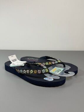 Skechers Women's Meditation Daisy Garden Navy/M Flip Flop Sandals-Sz 8 NWT